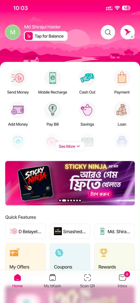 bKash app home screen with the Payment option