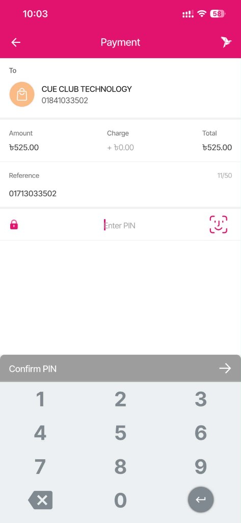 bKash screen for entering a reference and PIN to confirm payment